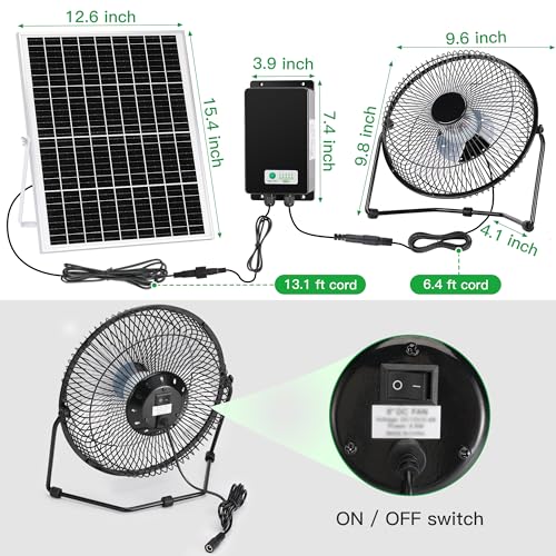 blessny 8" Solar Rechargeable Fan for Greenhouse, Chicken Coop, Pet House | 25W Solar Powered Floor Fan with 66.6 Wh Battery Backup for Outdoor Air Circulation Cooling