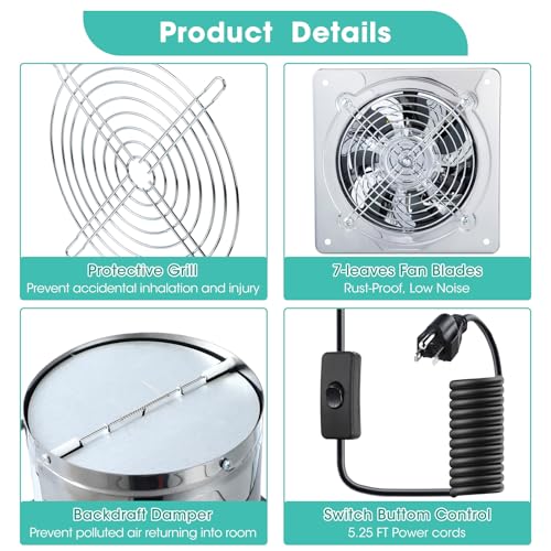 Saillong 2 Pack Silver 6 Inch Kitchen & Bathroom Wall Exhaust Fan - 308CFM Extractor Ventilation Fan with Damper & Low Noise Ceiling Mount for Garage Attic Window Ventilation, 110V