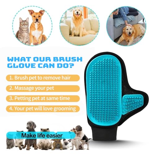 2025 Pet Grooming Glove with Tipped Pin Brush,Special Design Deshedding Glove, Perfect Petting Tool for Sensitive Dogs & Cats with Long & Medium Fur, Massage Mitt - Right-Hand - Blue