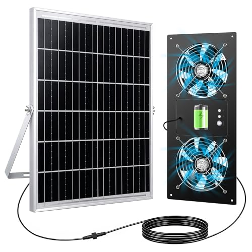 Solar Fan for Chicken Coop, ropelux Solar Powered Dual Exhaust Fans with 18000mAh Battery & 2 Timers, 24/7 Strong Airflow Cooling Ventilation for Greenhouses, Dog Houses, Attics, Sheds, Cabins - size: Dual-Fan