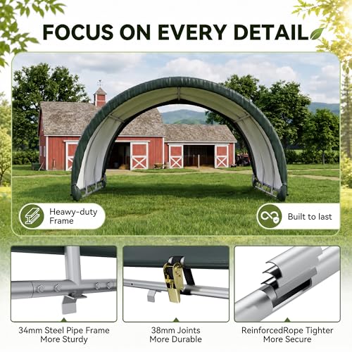 Polar Aurora 10'x10' Corral Shelter, Heavy Duty Round Style Canopy, Waterproof and UV Treated Canvas Cover, Easy Assembly Stable and Agricultural Storage and Shade Shed Kit for Livestock, Green - size: 10x10 FT