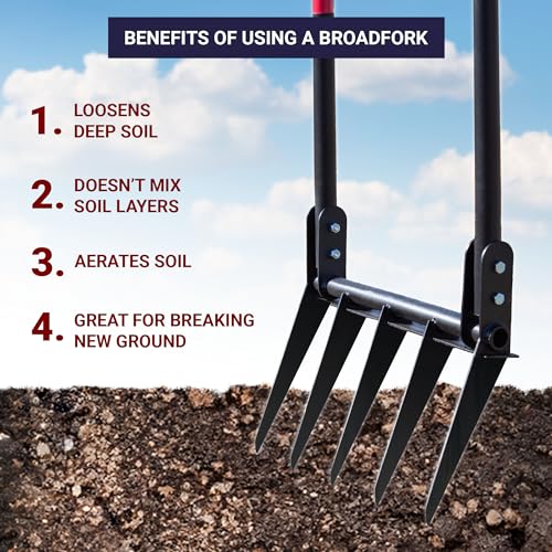 5-Tine Broadfork, Fiberglass Handles, 56" 10-Gauge Steel Fork | Heavy Duty Broad Fork for Tilling, Aerating and Turning Soil, Useful for Garden Beds and Pavers Base Prep, 100% Made in USA