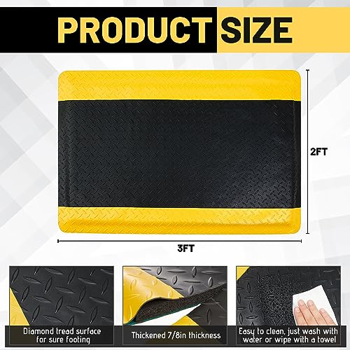 Timgle Anti Fatigue Mat 23.6" X 35.4", Diamond Plate Non Slip, 7/8" Thick | Heavy Duty Vinyl for Industrial Work Stations, Ergonomic Cushion Relieves Fatigue, Warehouse Factory Floor, Yellow Border - size: 36"L x 24.2"W x 0.8"Th