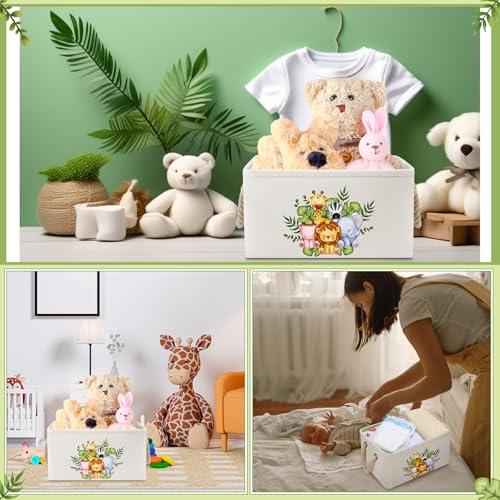 Pickmesh Baby Shower Storage Basket with Gift Bags Rectangular Ribbons Collapsible Canvas Storage Bin with Handles for Diaper Organizing Toy Home DIY Gift Basket, 13 x 9. 1 x 7. 1 Inch(Jungle Theme) - style: Jungle Theme