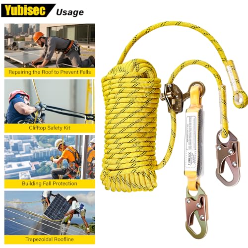 Rope Harness Safety Lanyard 150FT, Vertical Lifeline Assembly | Grab Snap Hooks Shock Absorber, Fall Protection Tree Climbing Lifeline Kit, Heavy Duty Roof Safety - size: 150FT