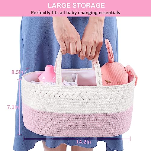 ABenkle Diaper Caddy Organizer, Rope Woven Storage Baske, Pink | Cotton Rope, Nursery Storage Basket for car & changing table | holds diapers, wipes & baby essentials | durable - color: Pink, size: Large