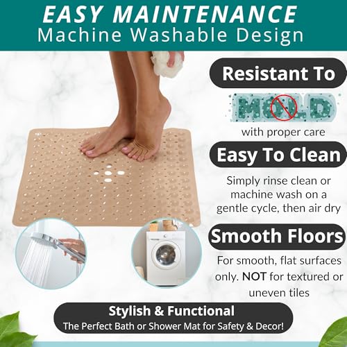 ENKOSI 21 x 21 inch Square Non-Slip Shower Mat – Anti-Slip Shower Mats for Inside Shower – Secure Grip for Shower Stall Floors – Quick-Dry with Drain Holes (21x21 Beige) - color: Beige