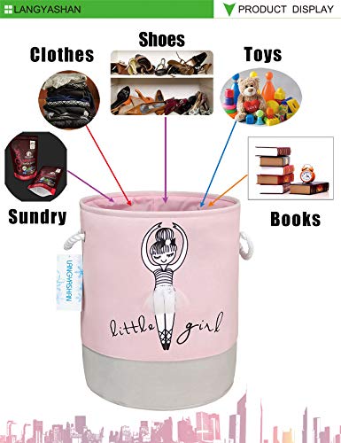 Round Thick Pink Laundry Basket Collapsible Organizer Boys Girls | Canvas Foldable Storage Hamper Sturdy Rope Handles for Household Gift Baskets Bedroom Clothes Toys Children Nursery - color: Pink