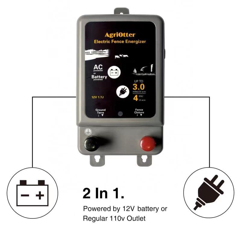 Electric Fence Energizer 15 Acre 2 in 1 Powered by Battery or AC Outlet 8000V 1.75J Pulse Electric