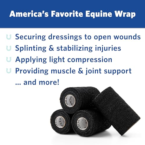 OVIK Health PowerFlex Equine – Extra Strong Self-Adhering Bandage Wrap – Wound Care, Compression & Support Bandage for Horses, Cows & Dogs – Black, 4 inch, 4 Rolls (Resealable Case) - color: Black