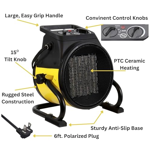 Dura Heat EUH1465 Electric Forced Air Heater with Pivoting Base 5,120 BTU, Yellow | Electric Garage Heater, Ceramic Heating Element, Steel Body, Thermostat, Heats up to 250 sq ft, Safety Shut Off, Greenhouse - size: 8.5" Height
