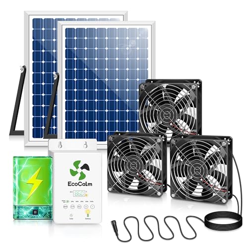 Solar Exhaust Fan for Greenhouse with Smart Thermostat and Battery | Triple 5.5" Solar Powered Fans, Adjustable Temp Control, 2PCS 25W Bifacial Panels, for Chicken Coop, Outdoor, Garage, Shed - size: 3*5.5 Inch