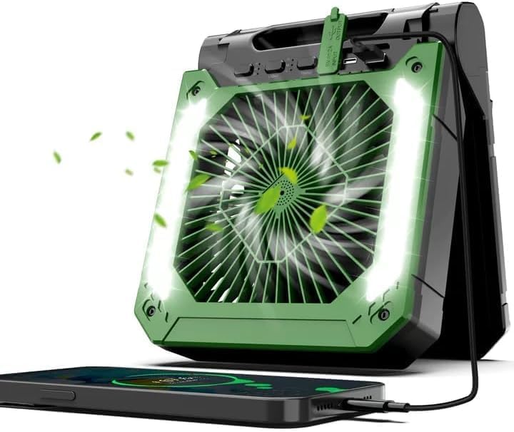 Portable Camping fan Rechargeable, 2-in-1 Battery Powered Solar Fan with Detachable Solar Panel, 270° Rotation Personal USB Desk Fan with 3 Speed/Timer/LED Light/Hanging Hook for Outdoor - color: Green A