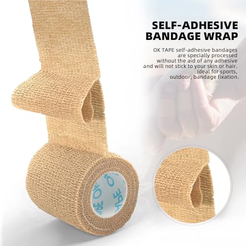 OK TAPE Self Adherent Cohesive Bandages Wrap 24Packs 2" x 5 Yards | Non-Woven Self Adhesive Athletic Sports Wrap Tape Vet Wrap Bandages Tape for Thumb Finger Wrist Ankle (Beige) - color: Beige, size: 2 In x 5 Yards