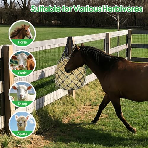 Slow Feed Hay Nets 3 Pack 40-Inch Durable Mesh Hay Bags Feeder for Horses | Heavy Duty Mesh Hanging Feeders with Carabiners & Gloves for Goat Livestock Barn Trailer Pasture Feeding Supplies Accessory - size: 3 Pack