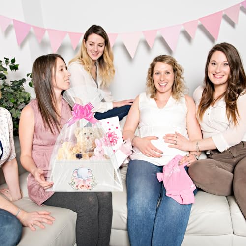 Pickmesh Baby Shower Storage Basket with Gift Bags Rectangular Ribbons Collapsible Canvas Storage Bin with Handles for Diaper Organizing Toy Home DIY Gift Basket, 13 x 9. 1 x 7. 1 Inch(Pink Elephant) - style: Pink Elephant
