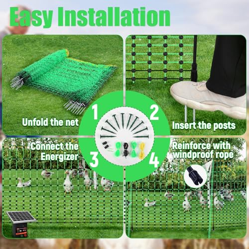 48" x 164' Electric Chicken Fence, Electric Poultry Netting for Chicken, Duck and Goat, Portable Anti-Predator Electric Fencing in Farms, Ranches, and Gardens (16 Posts, 2 Spikes)