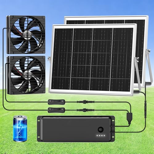 Solar Fan with Battery, 7.5" Solar Fan for Greenhouse & Chicken Coop 2 Pack, Rechargeable Solar Fans for Outside, Solar Powered Exhuast Fans for Outdoor Doghouse Circulation Ventilation - size: 7.5" Fan 2 Pack Large