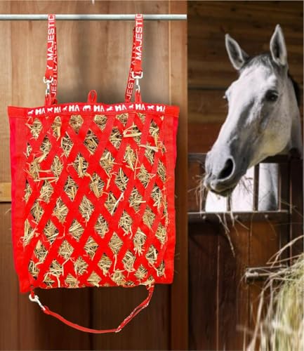 Majestic Ally Double Side Open Slow Feeder Hay Bag - Diamond Shaped Obliquely Placed Webbing (Red) - color: Red