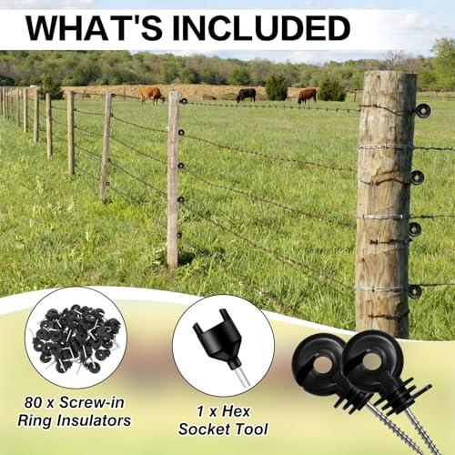 80 Pack Electric Fence Insulators with Driver Tool – Wood Post Screw-in Insulator Installation Kit, Heavy Duty Fence Post Insulators for Farm, Livestock & Garden Fencing(80)