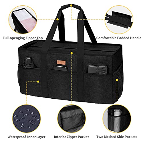 LHZK Stand Up Extra Large Utility Tote Bag with Lid, Utility Tote Bag with Metal Wire Frame and the Sides Rinforced, Reusable Grocery Bags Foldable, Beach Bag, Car Tote (Black) - color: Black, size: 22.5''x10.3''x12''-1 Pack