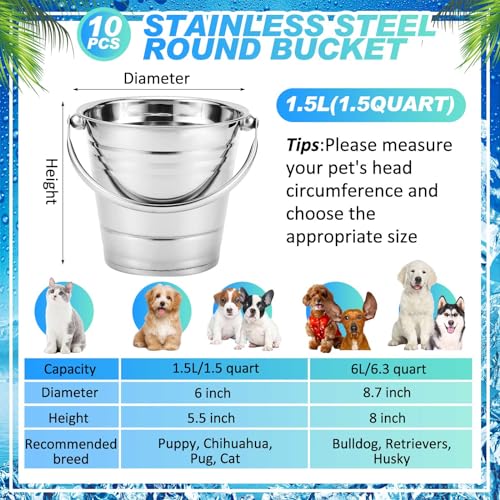 Hicarer 10 Pack 1.5 Quart Stainless Steel Dog Water Buckets, Metal Pails | For Dogs Birds Cats & Livestock, Pets, Kennels, Fences, Gardening, Camping, Handle Design, Heavy Duty, Durable, Easy Clean - size: 1.5 Quart