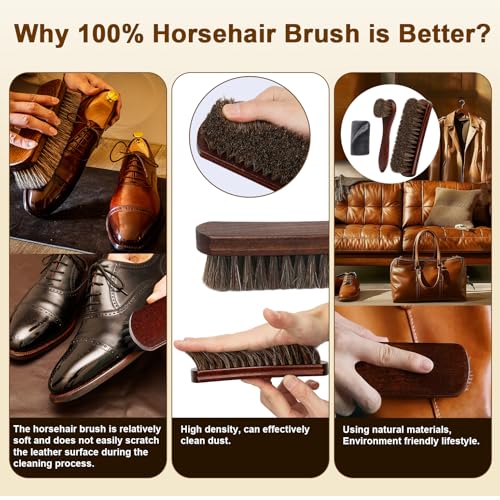 3-Piece 100% Horse Hair Shoe Brush Kit for Leather Care – Professional Dauber Applicators and Polishing Brushes with Cleaning Cloth for Leather Shoes, Boots, Bags, Jackets & Car Detailing