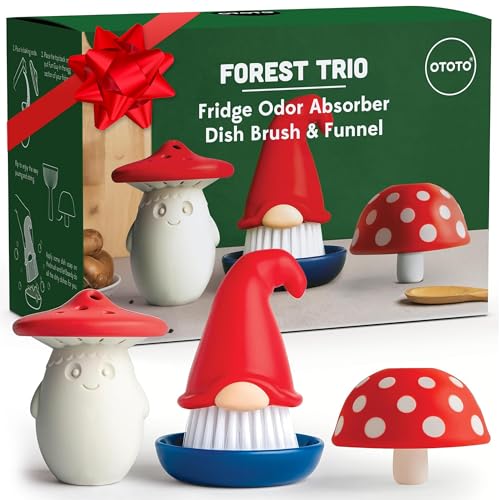 OTOTO Forest Trio Bundle of Beardy, Magic Mushroom, Fun Guy - Gnomes Dish Brush, Fungilicious Kitchen Funnel, Fridge Deodorizer, Mushroom Decor Cute Kitchen Accessories, Unique Mushroom Gnome Gifts - style: Forest Trio