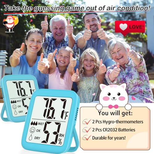 Antonki 2 Pack Room Thermometer Indoor Hygrometer | Monitor Temperature & Humidity, Accurate, Fast Read, Easy To View, Magnetic/Kickstand/Hanging, ℉/℃, w/ Battery, Compact - color: 2 Pcs* Clear Blue