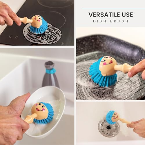 Vigar Dolls Dish Brush with Handle and Holder, Gray, Blue | Dish Scrubber, Kitchen Scrub Brush, Dishwashing Brush Tool for Kitchen Sink Cleaning, Cute Standing Design - color: Gray, Blue