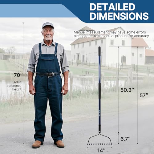WIKER Heavy Duty Steel Garden Rake, 57 Inch Fiberglass Long Handle with 14 Tempered Tines, One-Piece Non-Slip Yard Rake for Soil, Gravel, Leaves, Gardening & Landscaping