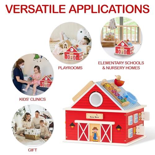 Monläurd® Wooden Activity Cube for Toddlers 1-3, Farm Barn Montessori Busy Board Toy, 12-in-1 Sensory Activity Center for Baby Fine Motor Skills, Large Educational Learning Toy for Boys Girls