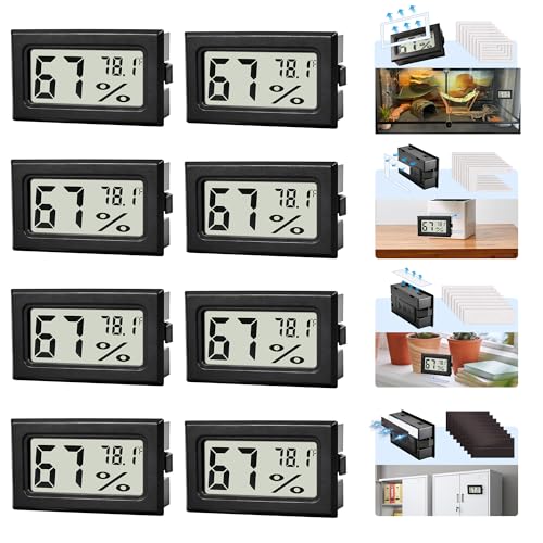 8-Pack Mini Digital Hygrometer Thermometer | Front-View Frame Adhesive, For Mason Jar & Reptile Tank, Humidity Monitor, 12-Month Battery