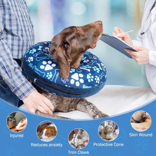 SCENEREAL Dog Cone Alternative After Surgery Donut Collar, Soft | Pet Recovery Pillow Collar for Small Medium Large Dogs, Inflatable Neck Cone ECollar to Stop Licking, Blue Bone&Paw Print - color: Blue Footprints, size: L(Neck 16"-18")