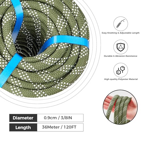 3/8 Inch 120ft Double Braided Polyester Arborist Rope, Heavy Duty Nylon Rope for Anchor, Tree Work, Cargo, Pulling, Sailing(ArmyGreen) - size: 3/8in x 120ft, style: Armygreen