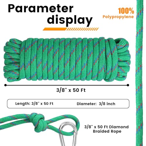MaxxHaul 3/8-inch x 50 ft Diamond Braided Polypropylene Rope - 500 lb Load Capacity, Weather & UV Resistant Utility Cord - Ideal for Camping and DIY Projects (50227) - size: 3/8" x 50 Ft