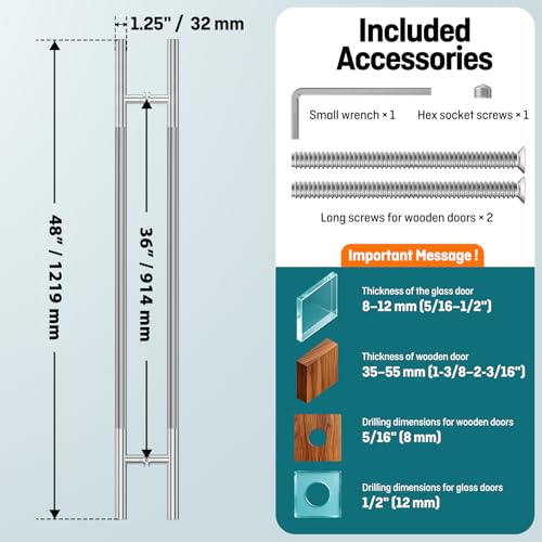 Ranbo 48" Knurled Door Pull Handle, 36"(914mm) CTC, Polished Chrome | Heavy Duty 1.5mm 304 Stainless Steel, Back to Back Pull Handles for Interior/Front /Barn/Commercial/Entrances, Enhanced Grip - size: 48 Inch