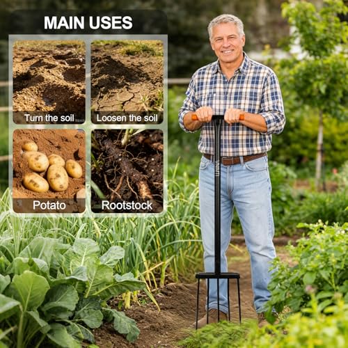 Heavy Duty Pitch Fork, 45-Inch Garden Fork with Strong Steel Tines, Long Handle Pitchfork for Gardening