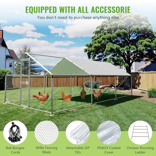 Large Metal Chicken Coop Runs for Yard with Cover, 10x20x6.5 | Perch Bars, Split Doors, Waterproof Covers, Mesh Wire - size: 236.2"L x 118.1"W x 78.7"H