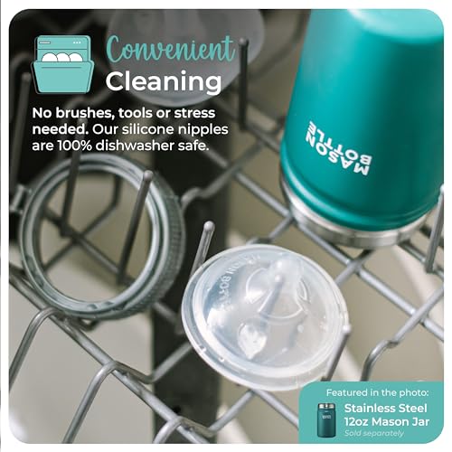 Mason Bottle Slow Flow Nipples (0–3 Months) – Silicone Baby Bottle Nipples, Fits Any Regular-Mouth Mason Jars – Wide Natural Shape, BPA-Free, Non-Toxic, Made in USA (2-Pack) | 0–3 Months Baby Bottle Anti-colic Silicone Nipples, Fits Any Regular Mouth Maso