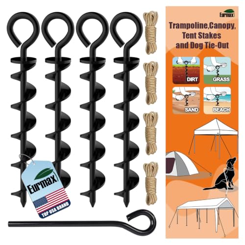 Eurmax USA 4 Pack Heavy Duty Ground Stakes,Industrial Grade Spiral Steel Screw-In Anchors with 4 Bonus Tie-Down Ropes,High Wind Stabilizing Kit for Trampolines,Dog Tie-Out,Canopies,Outdoor Sheds,Black - color: Black, style: Round Head Pro