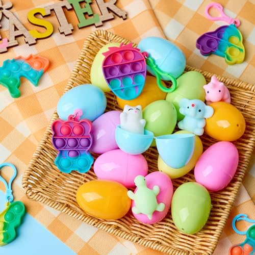JOYIN 24 Pcs Prefilled Easter Eggs with Assorted Toys, Filled with Mochi and pop Bubble Keychains, Easter Stuffed Toys for Kids to Egg Hunt, Kids Basket Stuffers, Party Favor, Classroom Prize - style: Cute