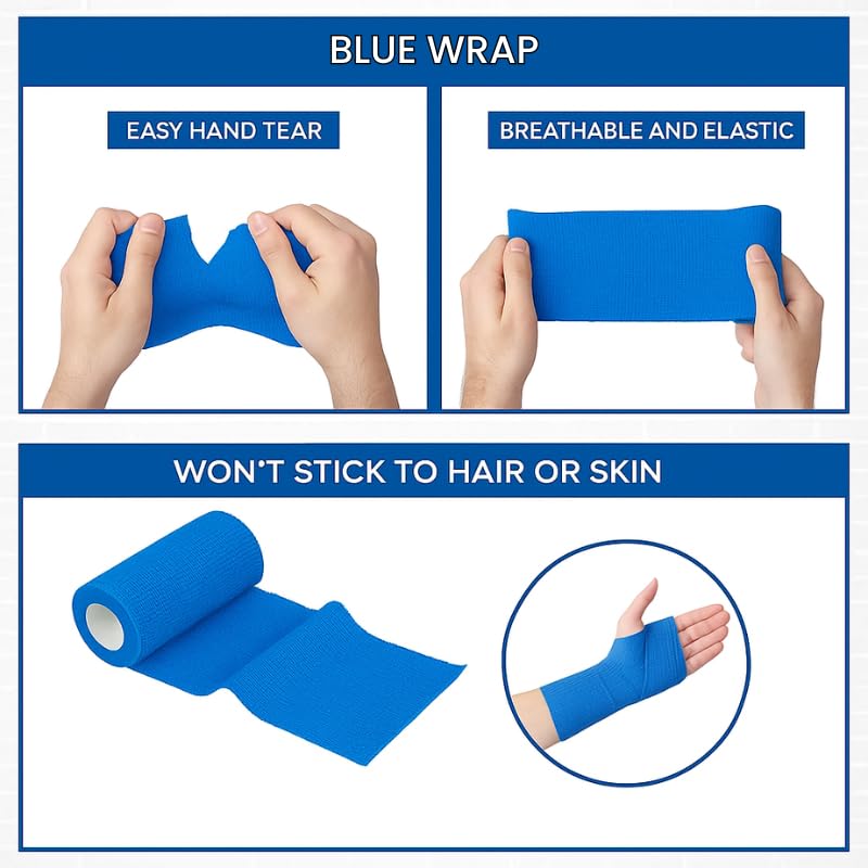 4" Cohesive Flexible Bandage Wrap – Blue - 8 Pack | Self-Adherent Vet Tape for Animal Use | Breathable, Easy Tear, No Clips Required | Ideal for Horses, Dogs, Livestock, Pets - color: Blue