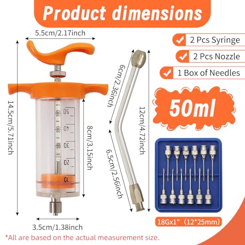 2 Pcs Goat Syringe Reusable Adjustable Goat Drench Syringe with 2 Drench Nozzle and Needles, Feeding Supplies for Cattle, Sheep, Goats, Horse, Pig, Dog (Orange, 50ML) - color: Orange, size: 50ML