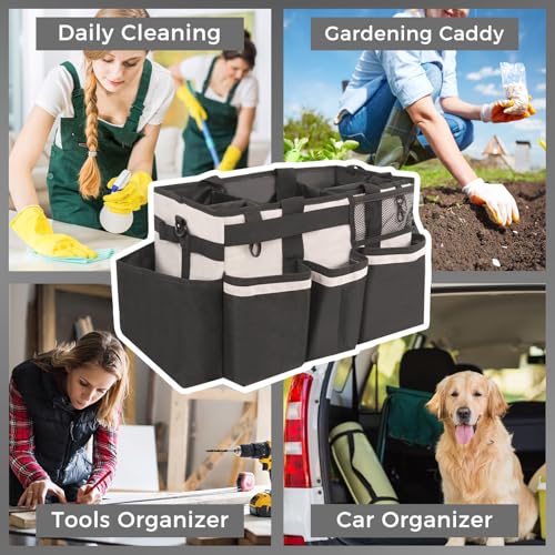 SCAVATA Wearable Cleaning Caddy, Cleaning Caddy Supplies Organizer with Handle & Shoulder Straps for Housekeepers, Under Sink & Car Cleaning Tool Organizers Bag with 4 Foldable Divider (Beige) - color: Beige