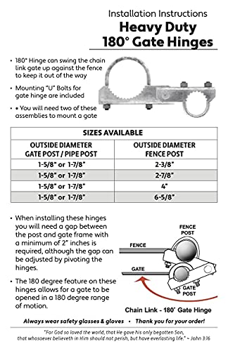 Chain Link Fence 180 Degree Commercial Duty Gate Hinge-for 2-7/8" Outside Diameter Gate Post/Pipe & 1-5/8 Thru 1-7/8" Gate Frames - 2 Hinge Assy - size: 2-7/8" Post - Each