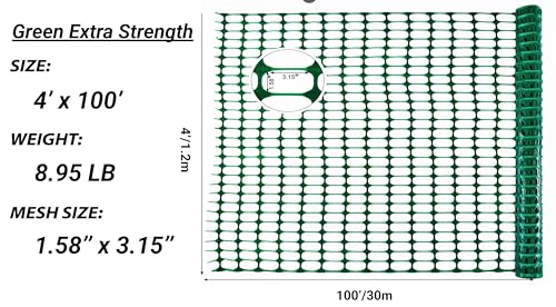 PotatoLife Green Plastic Garden Fence, Extra Strength, 4'x100' | Temporary HDPE Fence for Construction, Landscape, Snow, Animal & Pet Barrier, Easy to Install, Cut to Size, with 50 Zip Ties - color: Green, size: 4' x 100'