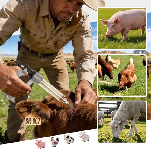 NEWTRY 50ML Continuous Livestock Syringe Adjustable Poultry with 10 Needles | Semi Automatic Syringe Adjustable Poultry Gun Stainless Steel with 10 Needles for Horse Sheep Cattle - size: 50ML