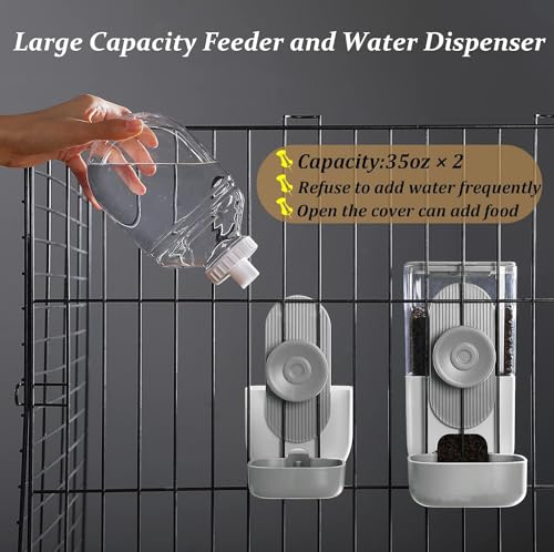 Kenond 35oz Rabbit Feeder,Bunny Water Dispenser,Pet Water Bottle for Cage | Hanging Auto Ferret Food Water Dispenser, Auto Gravity Pet Feeder and Waterer Set, Cage Cat Food Bowl Dog Feeding Station - color: Gray Waterer and Feeder