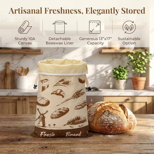Beeswax Bread Bags for Sourdough Homemade Bread with Removable Lining | 2 Pack, 13x17", Cotton Linen, Natural, Easy Clean, Stay Fresh, Reusable, Home Baking, Holiday Gift, Farmhouse Style